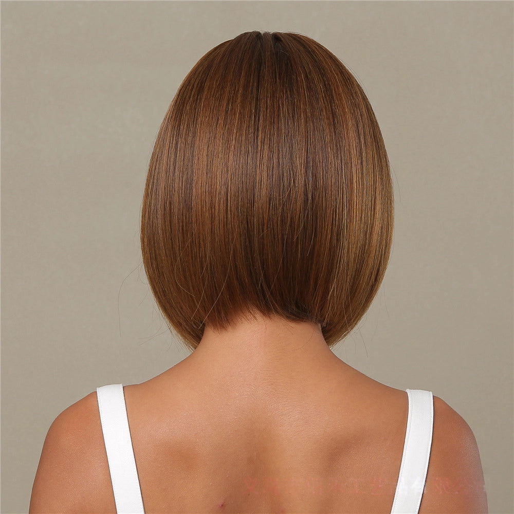Warm Brown Caramel Short Bob Wig - Balayage Blunt Cut Synthetic Hair - Synthetic Wig