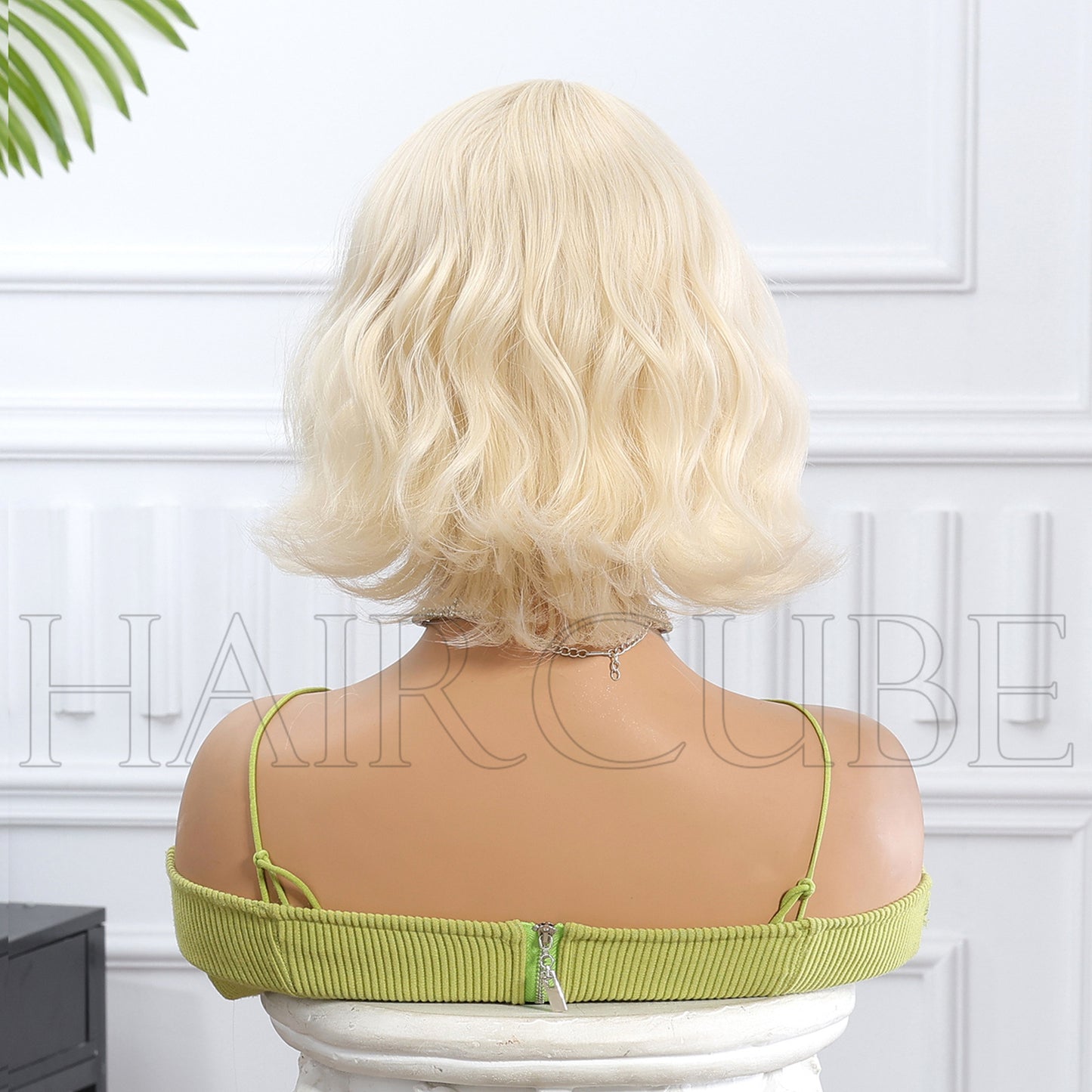 Platinum Blonde Short Bob Wig with Bangs - Uniform Icy Tone Body Wave 10 Inch - Synthetic Wig view 3