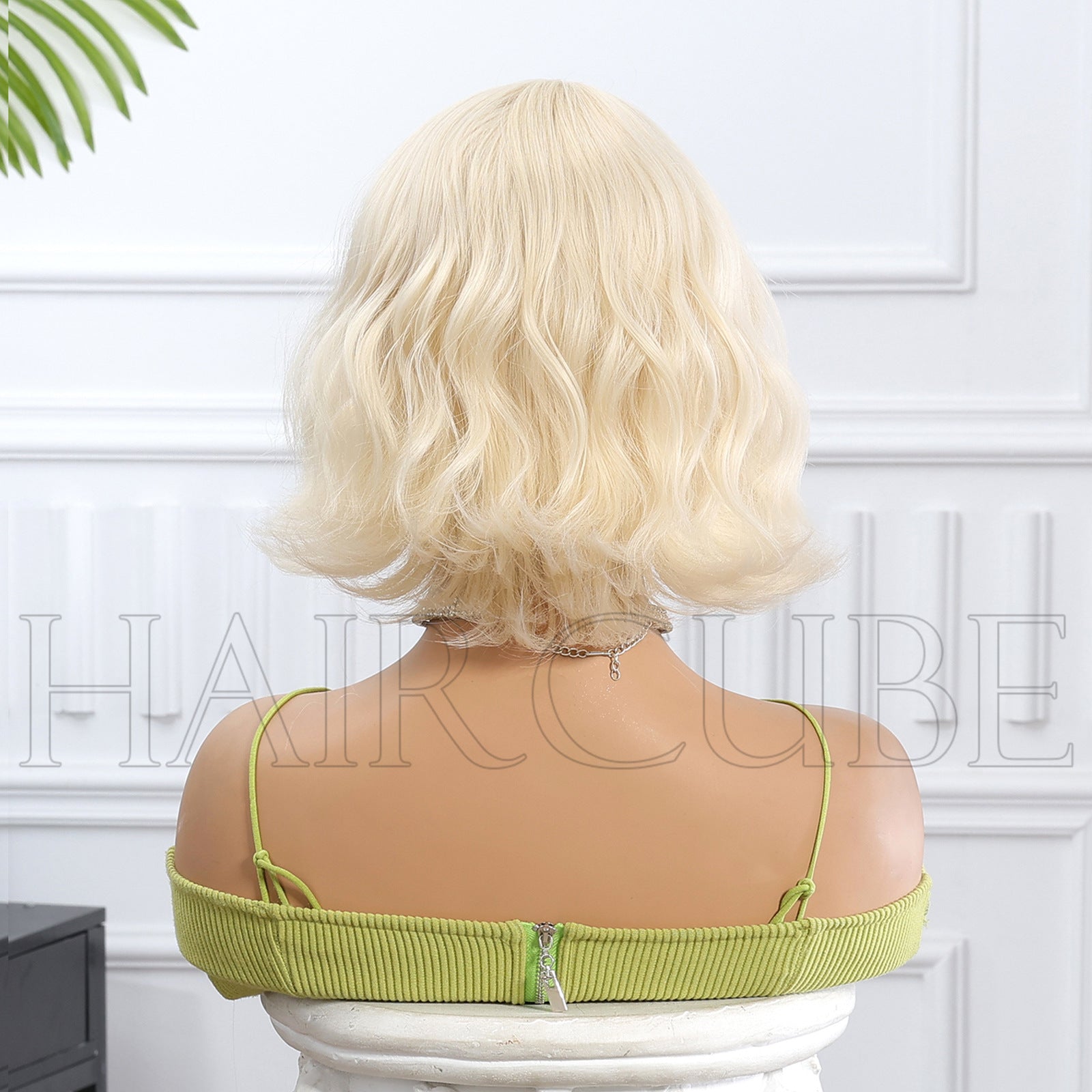 Platinum Blonde Short Bob Wig with Bangs - Uniform Icy Tone Body Wave 10 Inch - Synthetic Wig view 3