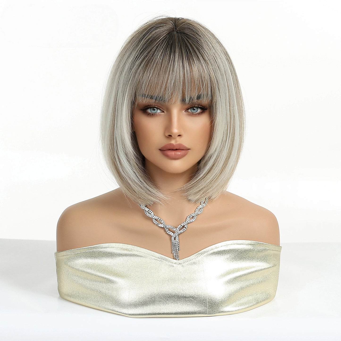 Ash Blonde Short Bob Wig with Bangs - Polished Cool Synthetic Hair 12 Inch - Synthetic Wig view 1