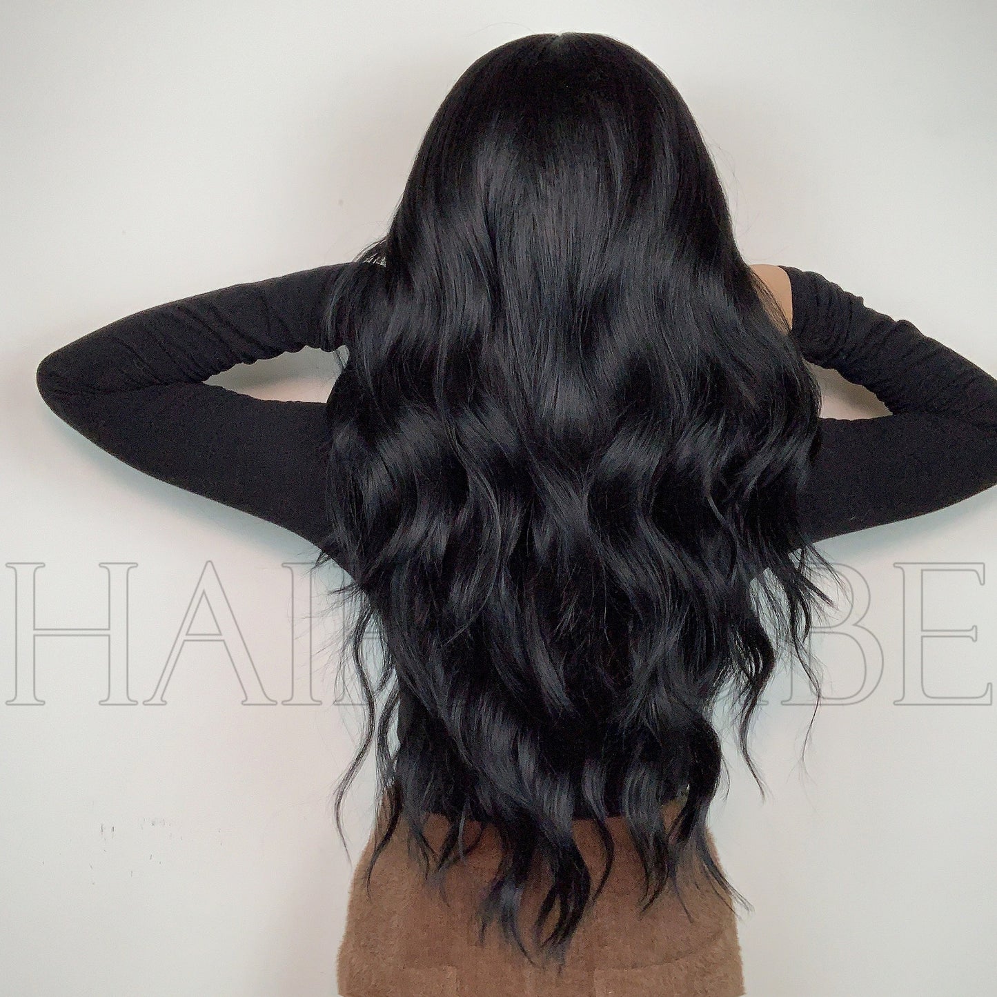 Jet Black Long Body Wave Wig with Bangs - Deep Wave Synthetic Hair - Synthetic Wig