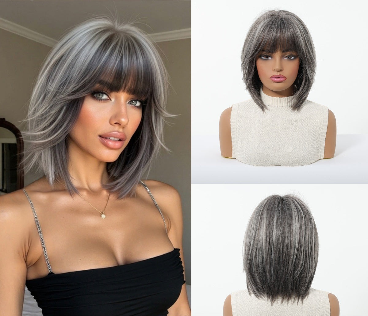 shoulder-length silver grey bob with bangs synthetic wig cap view
