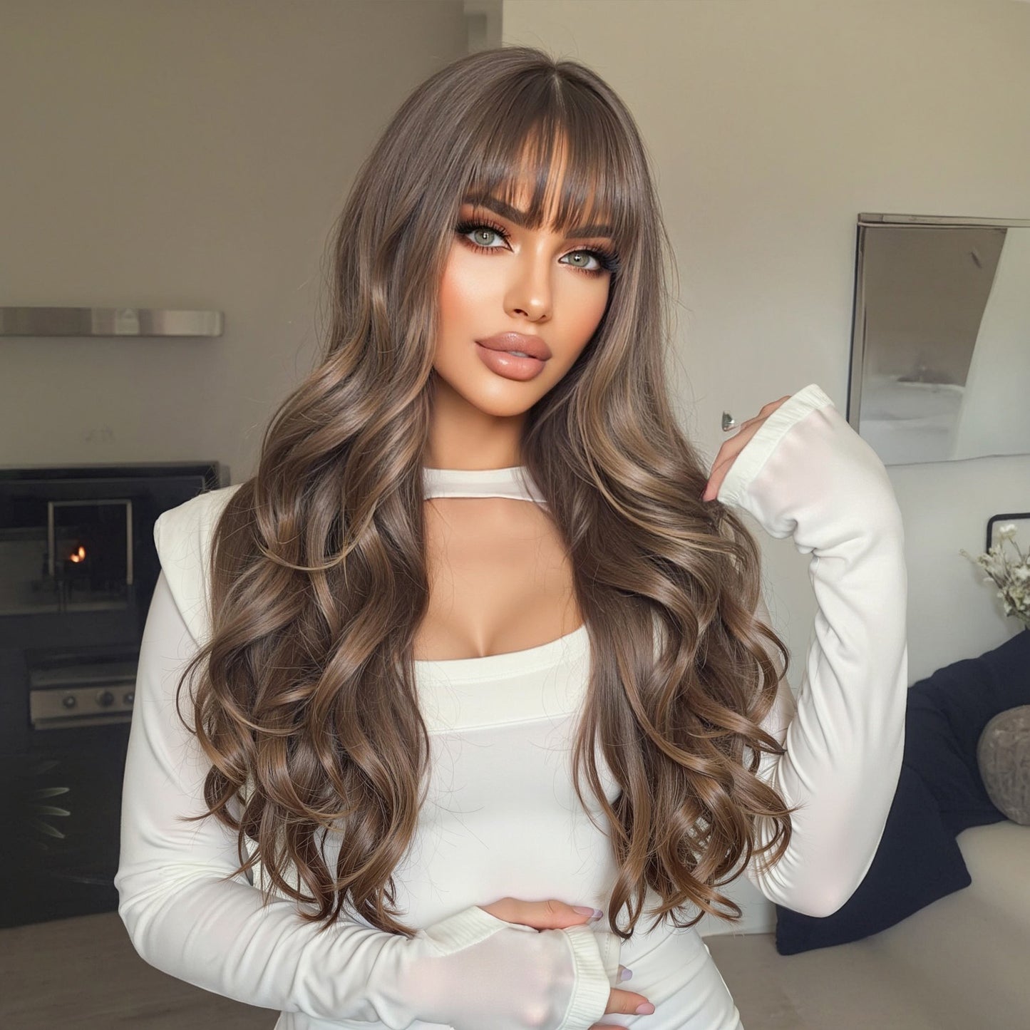 long chestnut brown body wave with bangs synthetic wig color close up