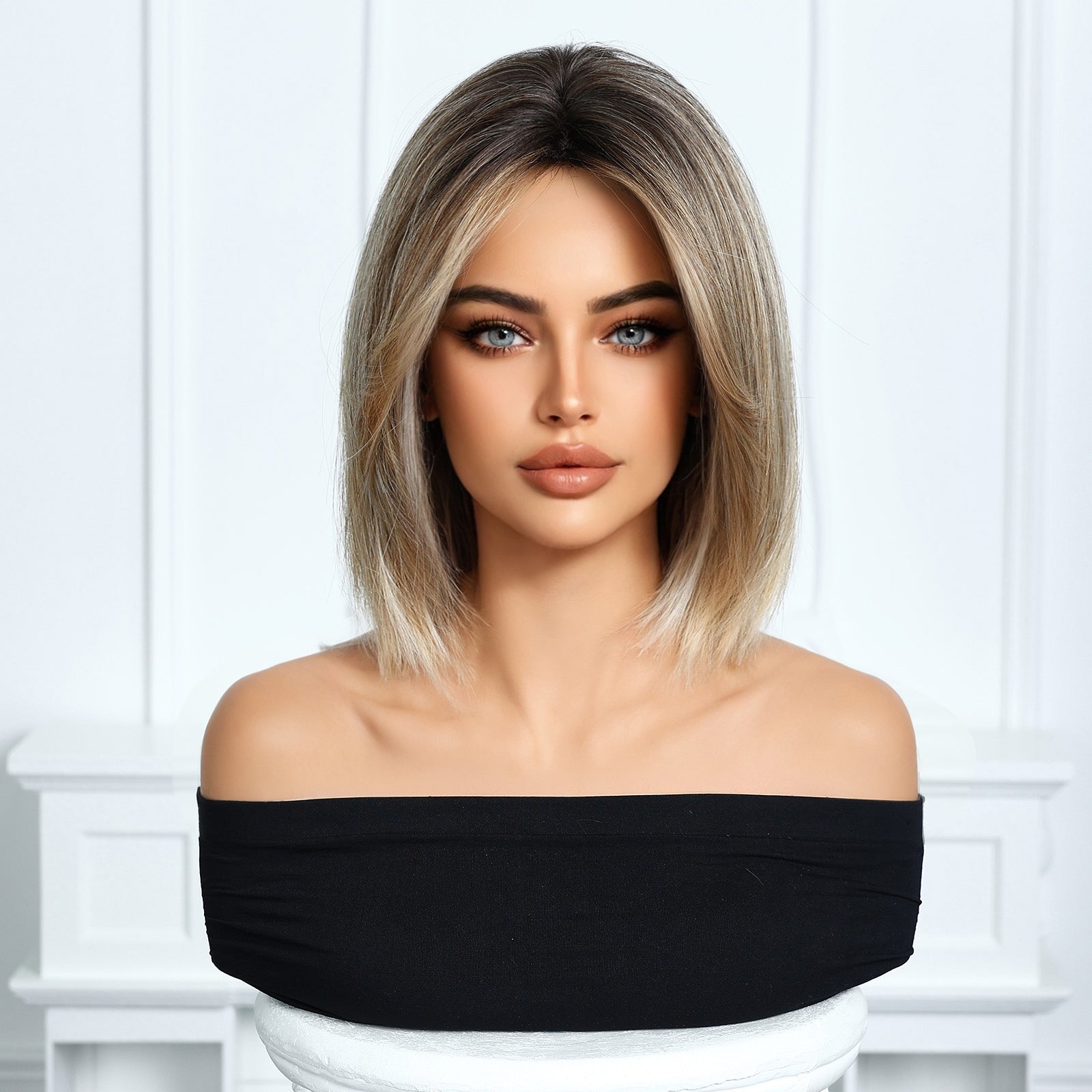 Ash Brown Honey Blonde Balayage Short Bob Wig - Golden Highlighted Synthetic Hair 10 Inch - Synthetic Wig view 2