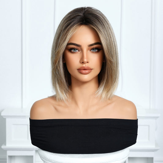 Ash Brown Honey Blonde Balayage Short Bob Wig - Golden Highlighted Synthetic Hair 10 Inch - Synthetic Wig view 2