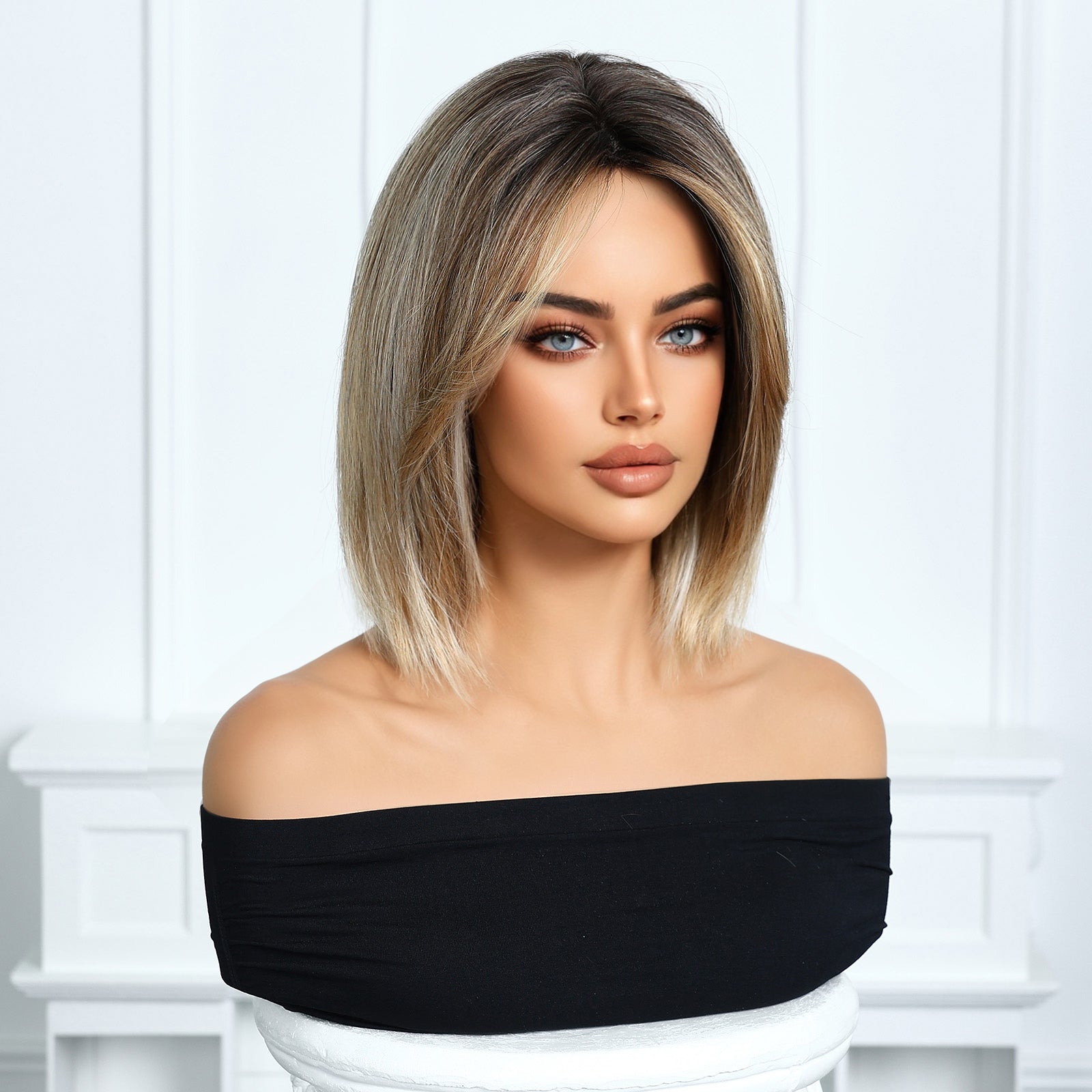 Ash Brown Honey Blonde Balayage Short Bob Wig - Golden Highlighted Synthetic Hair 10 Inch - Synthetic Wig view 4