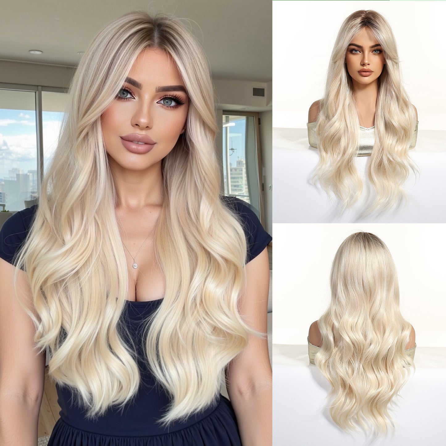 long platinum blonde wavy synthetic wig front view