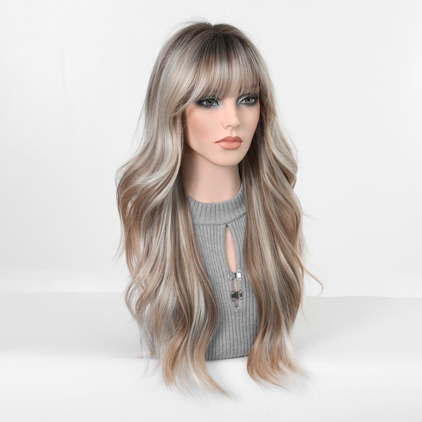 long ash blonde highlighted wavy with bangs synthetic wig styling view