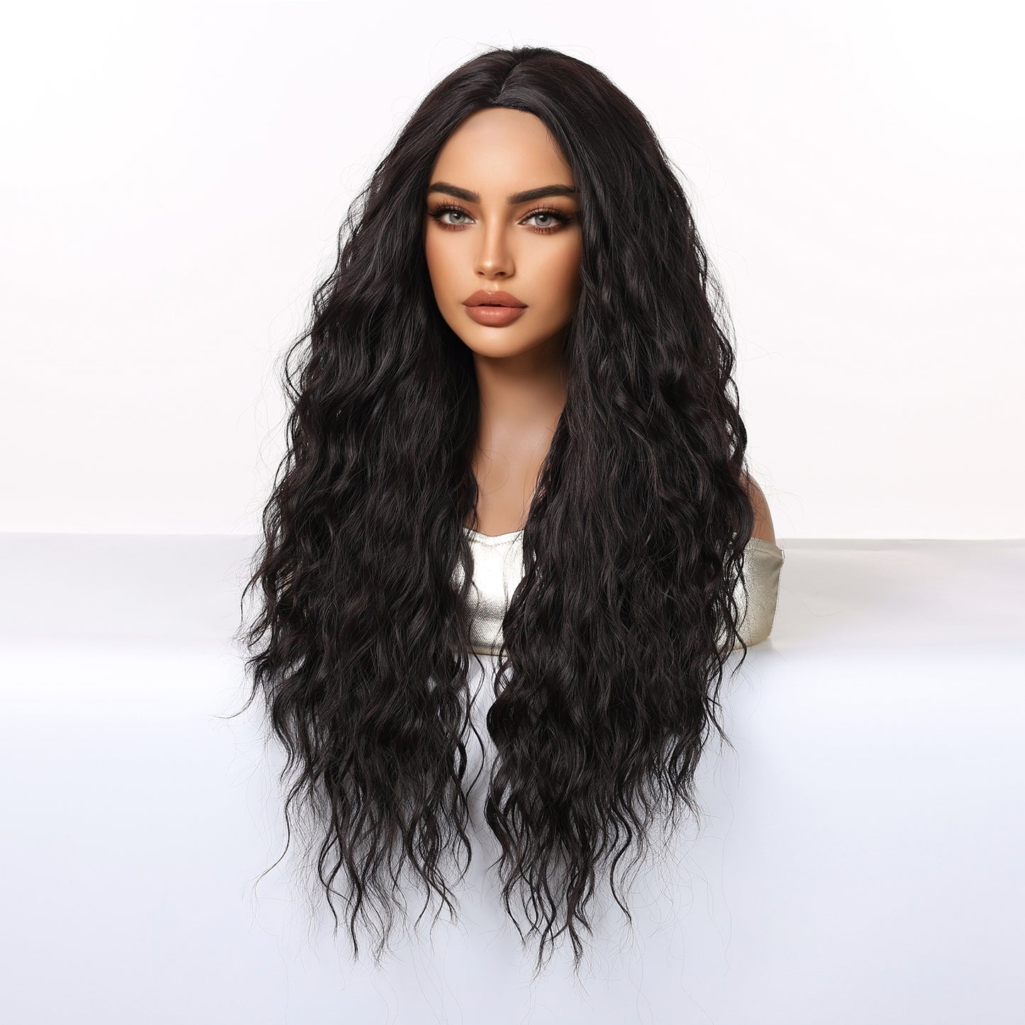 Jet Black Extra-Long Deep Wave Wig - No Bangs Synthetic Hair 28 Inch - Synthetic Wig view 5