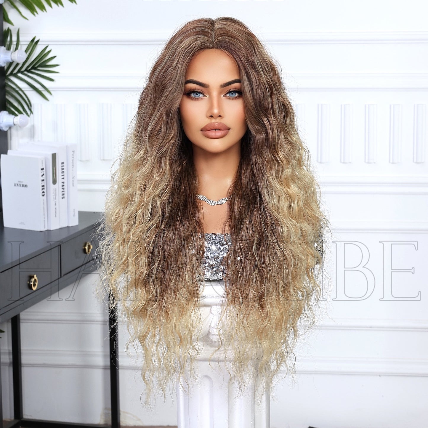 Warm Brown to Honey Blonde Balayage Deep Wave Wig - Golden Ombre Synthetic Hair 28 Inch - Synthetic Wig view 3