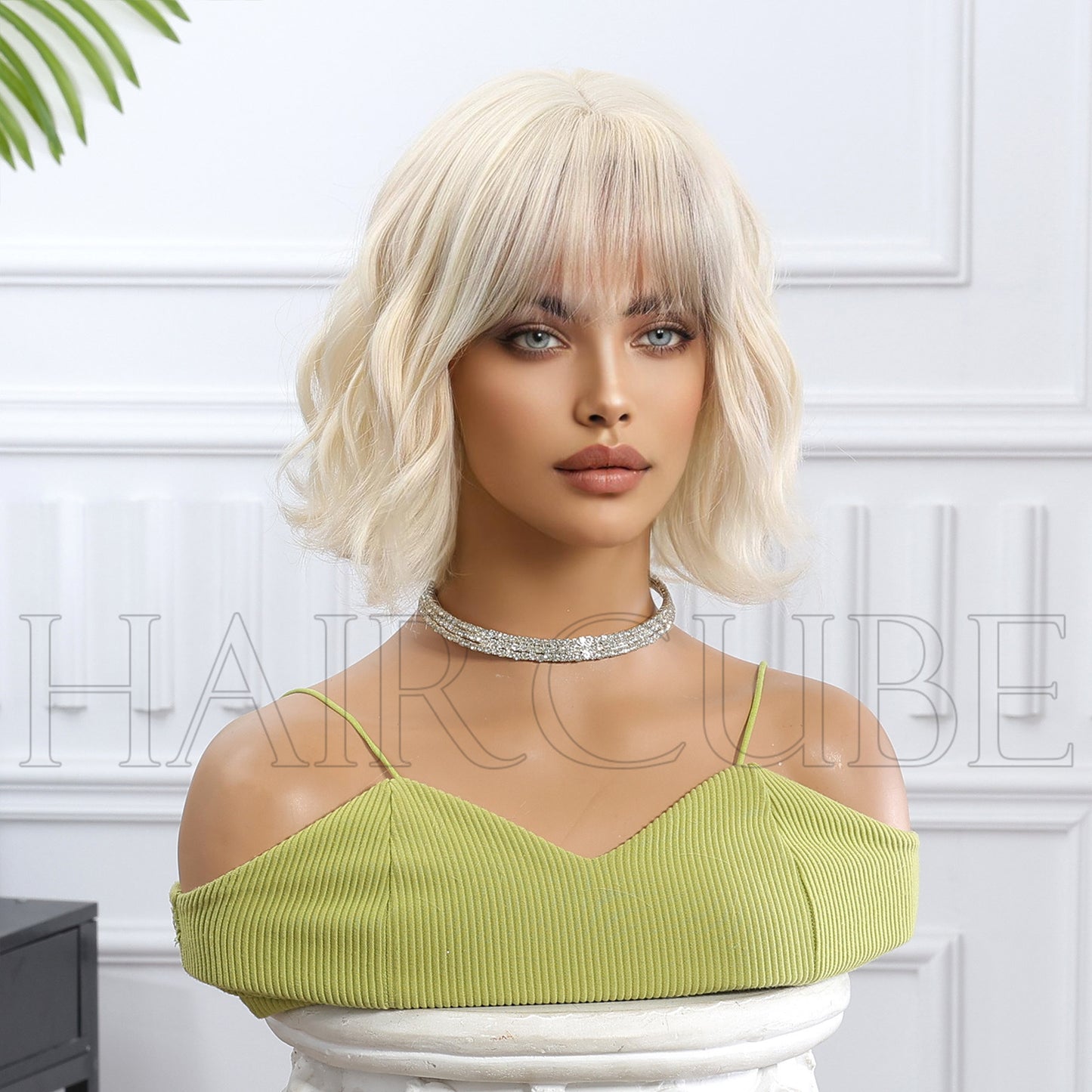 Platinum Blonde Short Bob Wig with Bangs - Uniform Icy Tone Body Wave 10 Inch - Synthetic Wig view 2