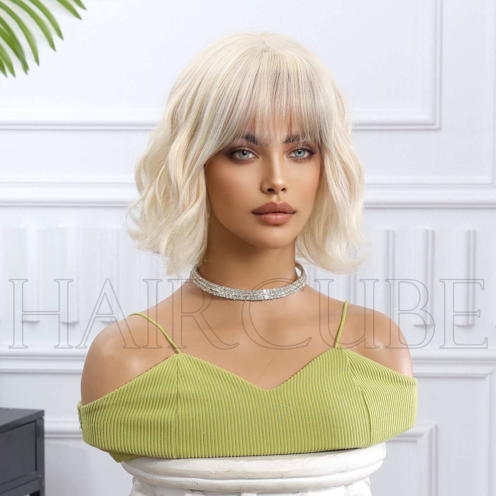 Platinum Blonde Short Bob Wig with Bangs - Uniform Icy Tone Body Wave 10 Inch - Synthetic Wig view 2