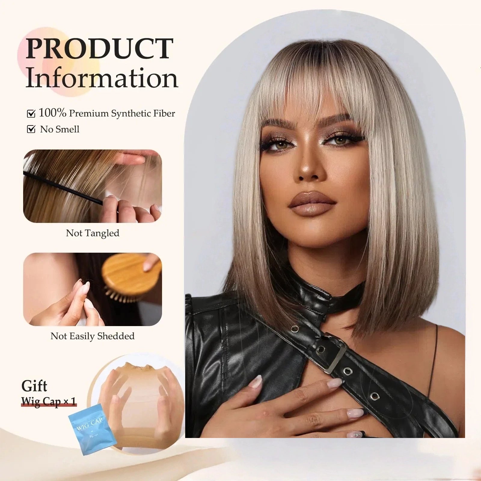 Ash Blonde Rooted Short Bob Wig - Dark Root Silver Tip Synthetic Hair - Synthetic Wig