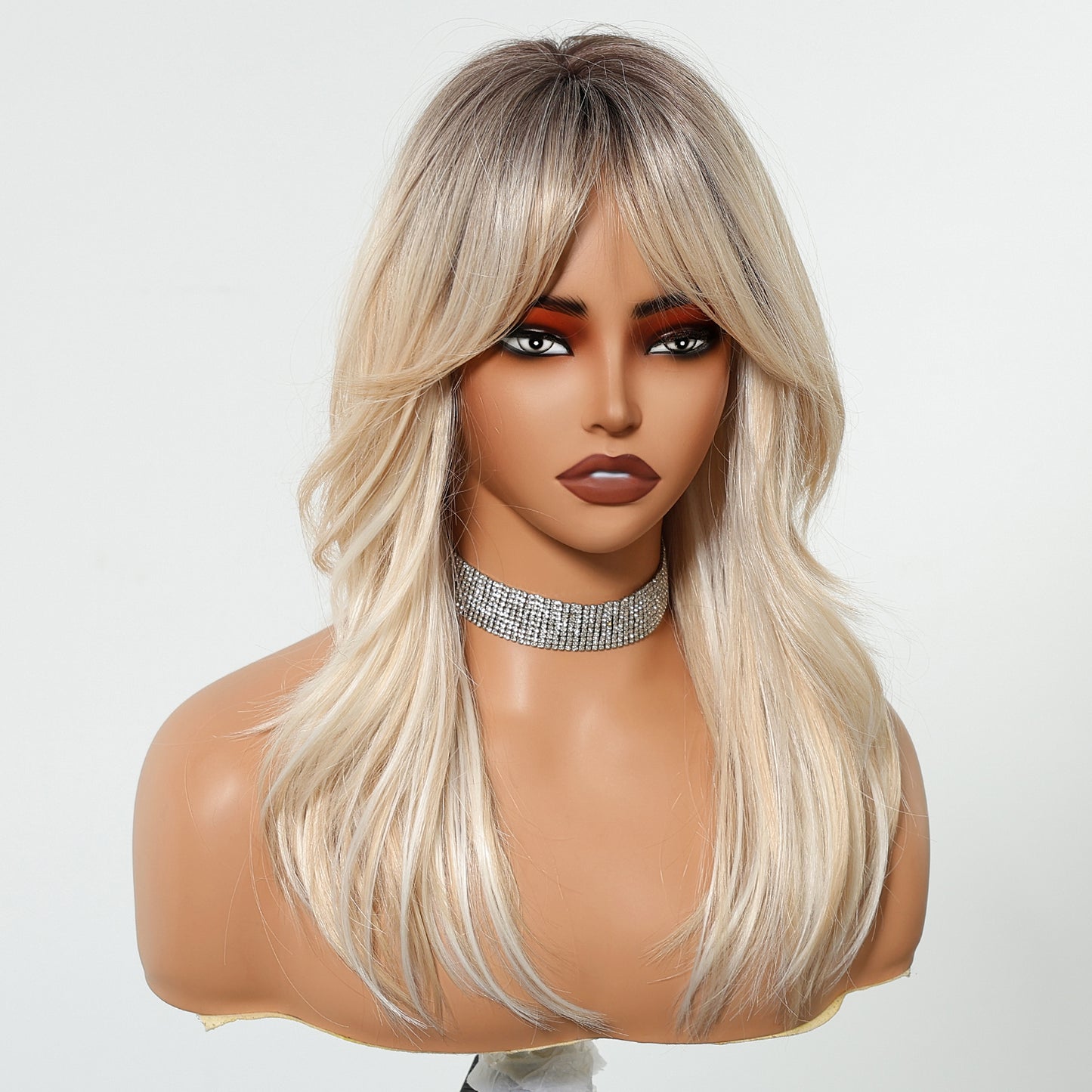 Ash Blonde Long Wavy Wig with Bangs - Cool Multi-Tonal Layered Synthetic Hair - Synthetic Wig view 2
