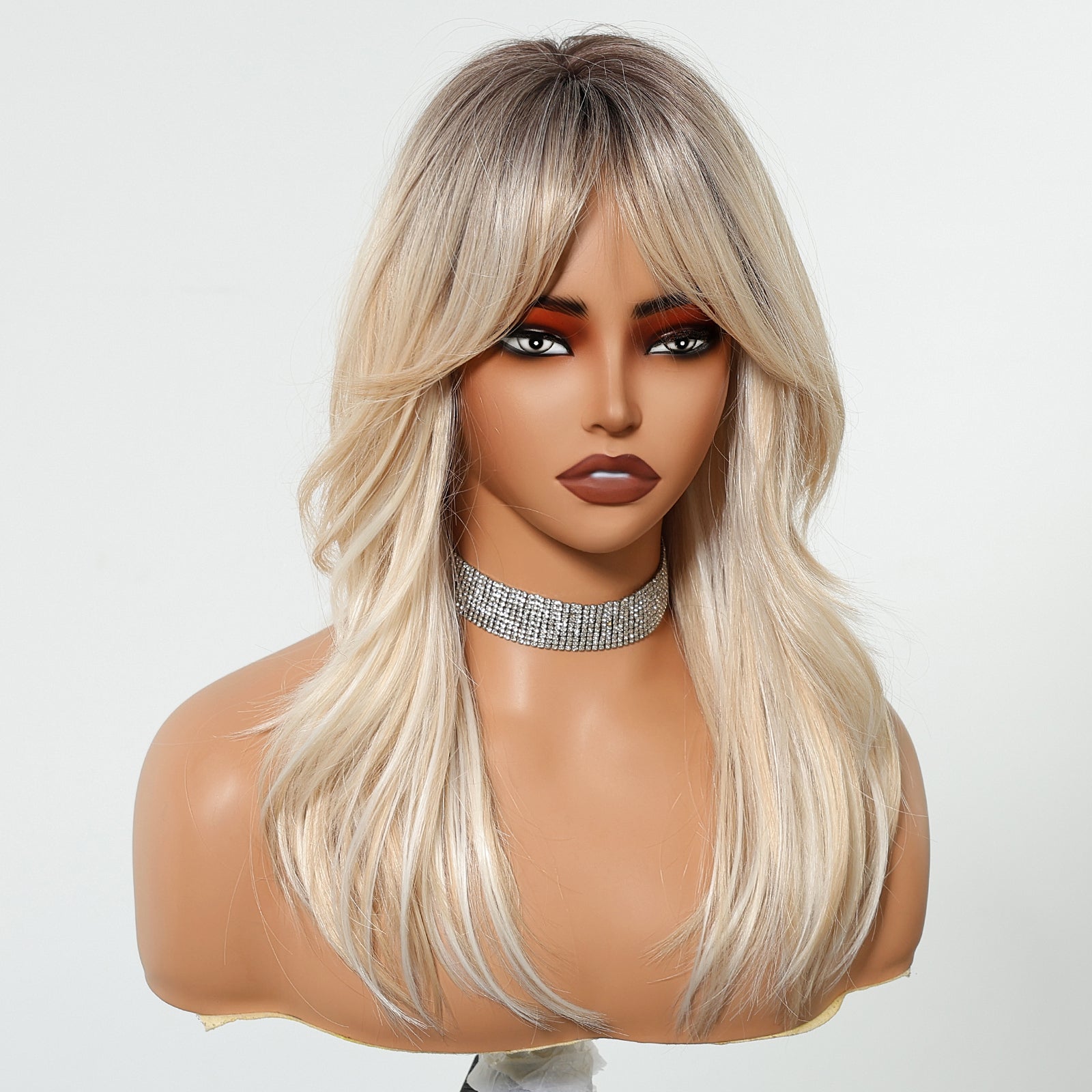 Ash Blonde Long Wavy Wig with Bangs - Cool Multi-Tonal Layered Synthetic Hair - Synthetic Wig view 2