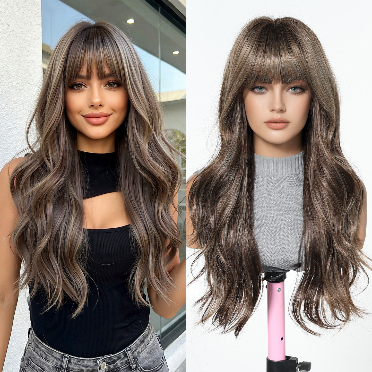 Ash Brown Caramel Body Wave Wig with Bangs - Warm Highlighted Synthetic Hair 24 Inch - Synthetic Wig view 1
