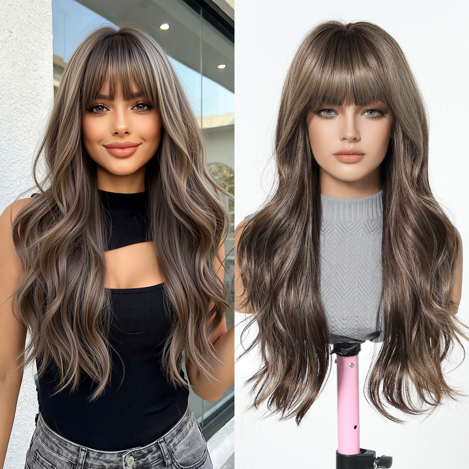 Ash Brown Caramel Body Wave Wig with Bangs - Warm Highlighted Synthetic Hair 24 Inch - Synthetic Wig view 1