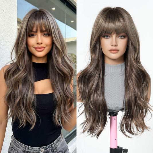 Ash Brown Caramel Body Wave Wig with Bangs - Warm Highlighted Synthetic Hair 24 Inch - Synthetic Wig view 1
