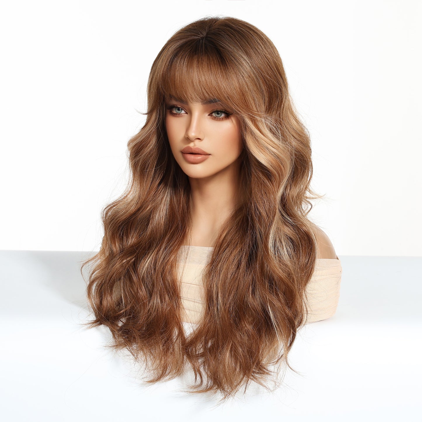 Warm Brown Caramel Balayage Body Wave Wig with Bangs - Honey Blonde Highlights 24 Inch - Synthetic Wig view 2