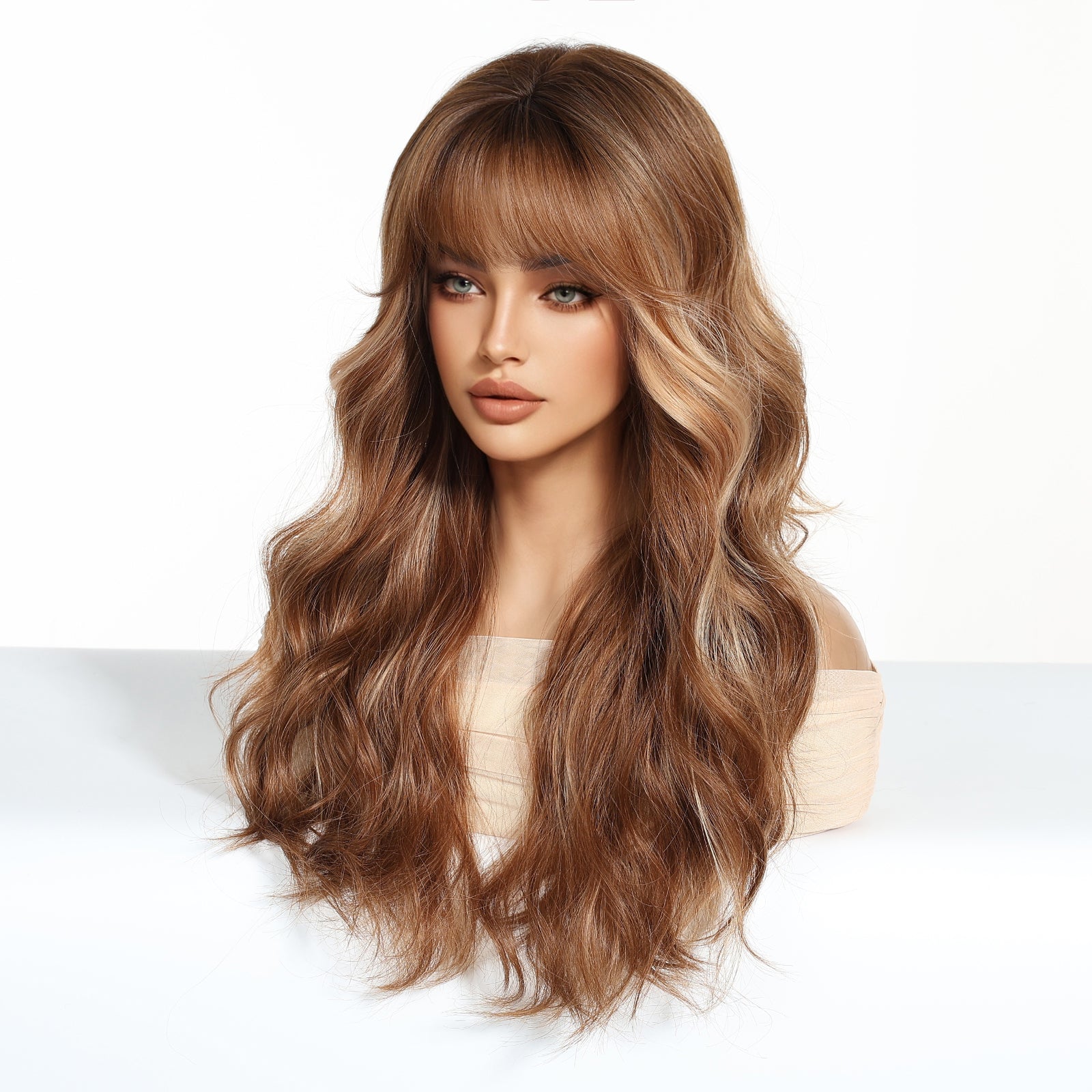Warm Brown Caramel Balayage Body Wave Wig with Bangs - Honey Blonde Highlights 24 Inch - Synthetic Wig view 2