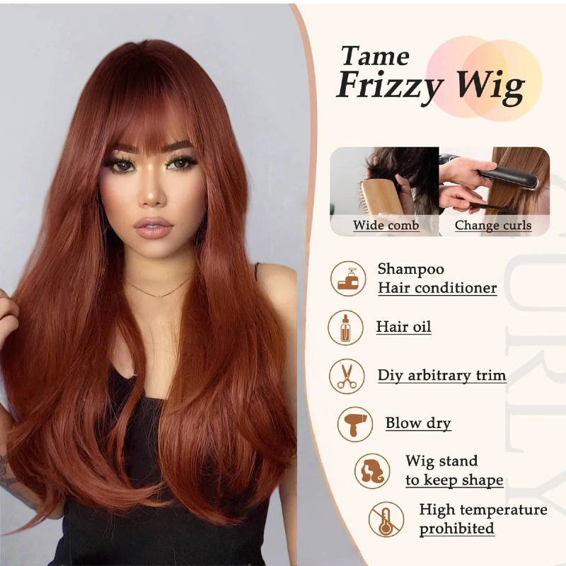 Caramel Brown Long Body Wave Wig with Bangs - Warm Toffee Synthetic Hair - Synthetic Wig