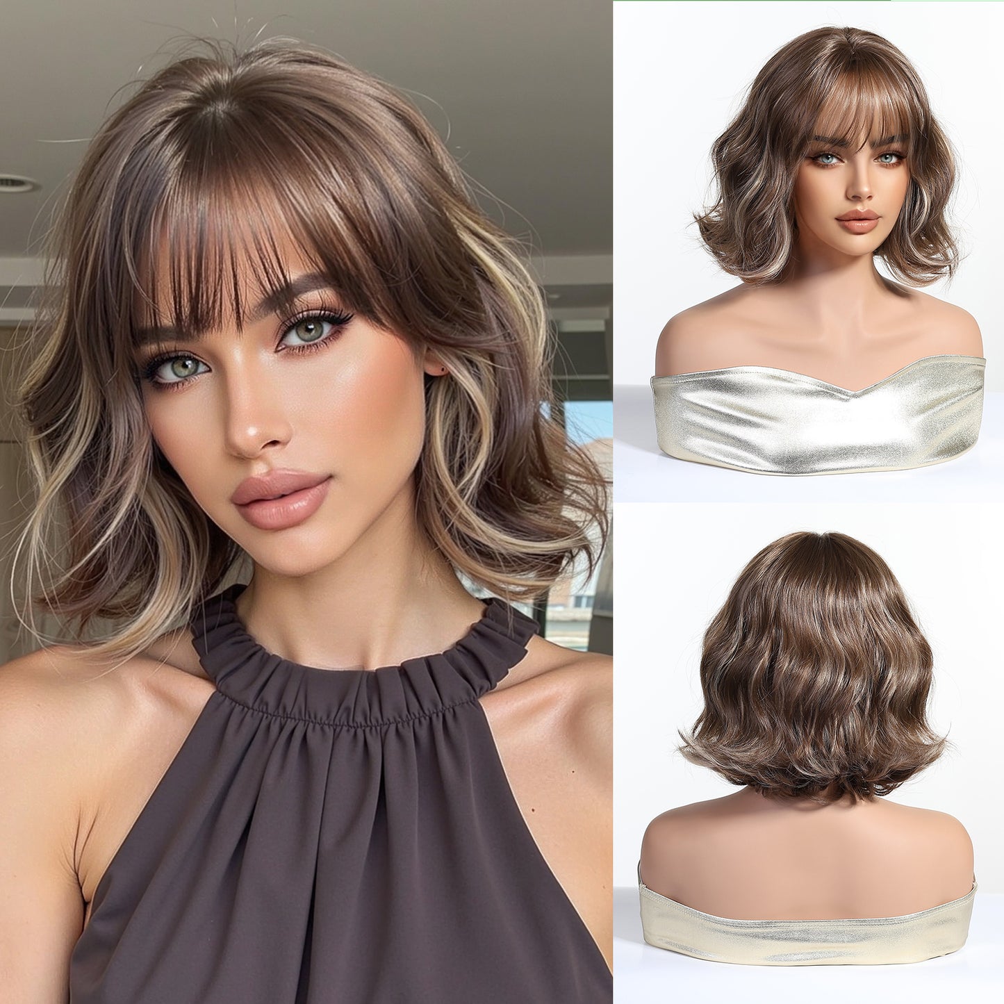 brown short wavy bob synthetic wig with caramel highlights and bangs front view