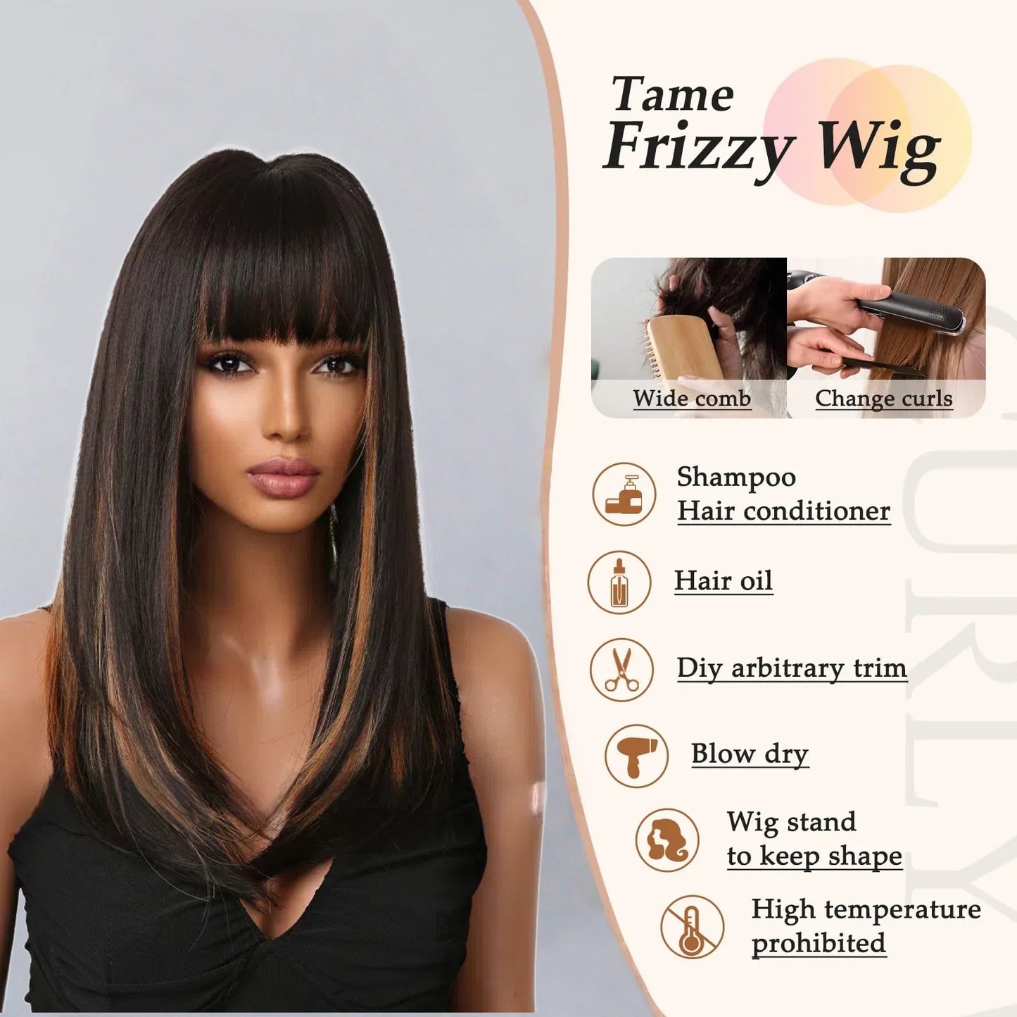 Dark Brown Caramel Balayage Long Straight Wig with Bangs - Warm Highlighted Synthetic Hair - Synthetic Wig