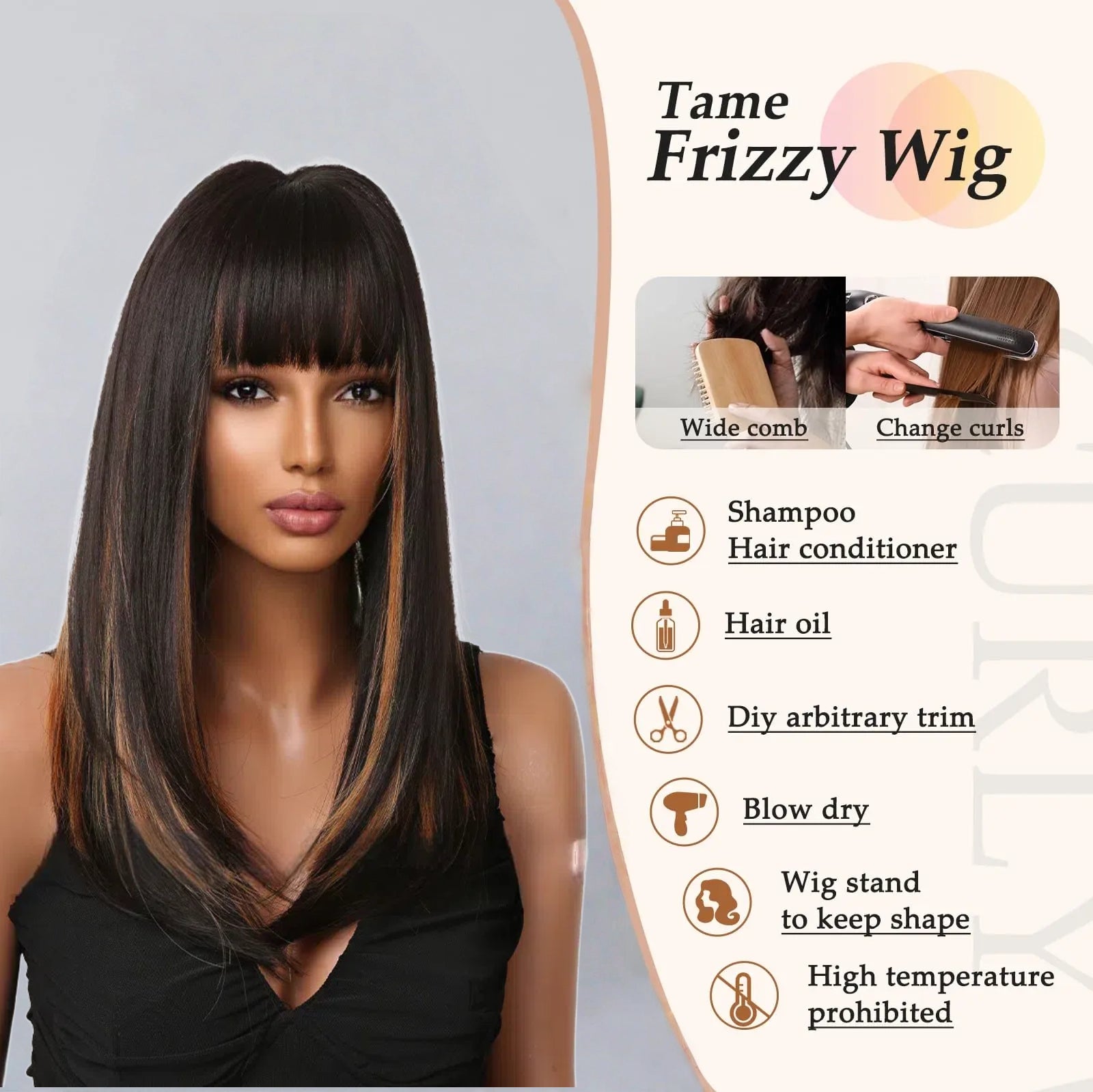 Dark Brown Caramel Balayage Long Straight Wig with Bangs - Warm Highlighted Synthetic Hair - Synthetic Wig