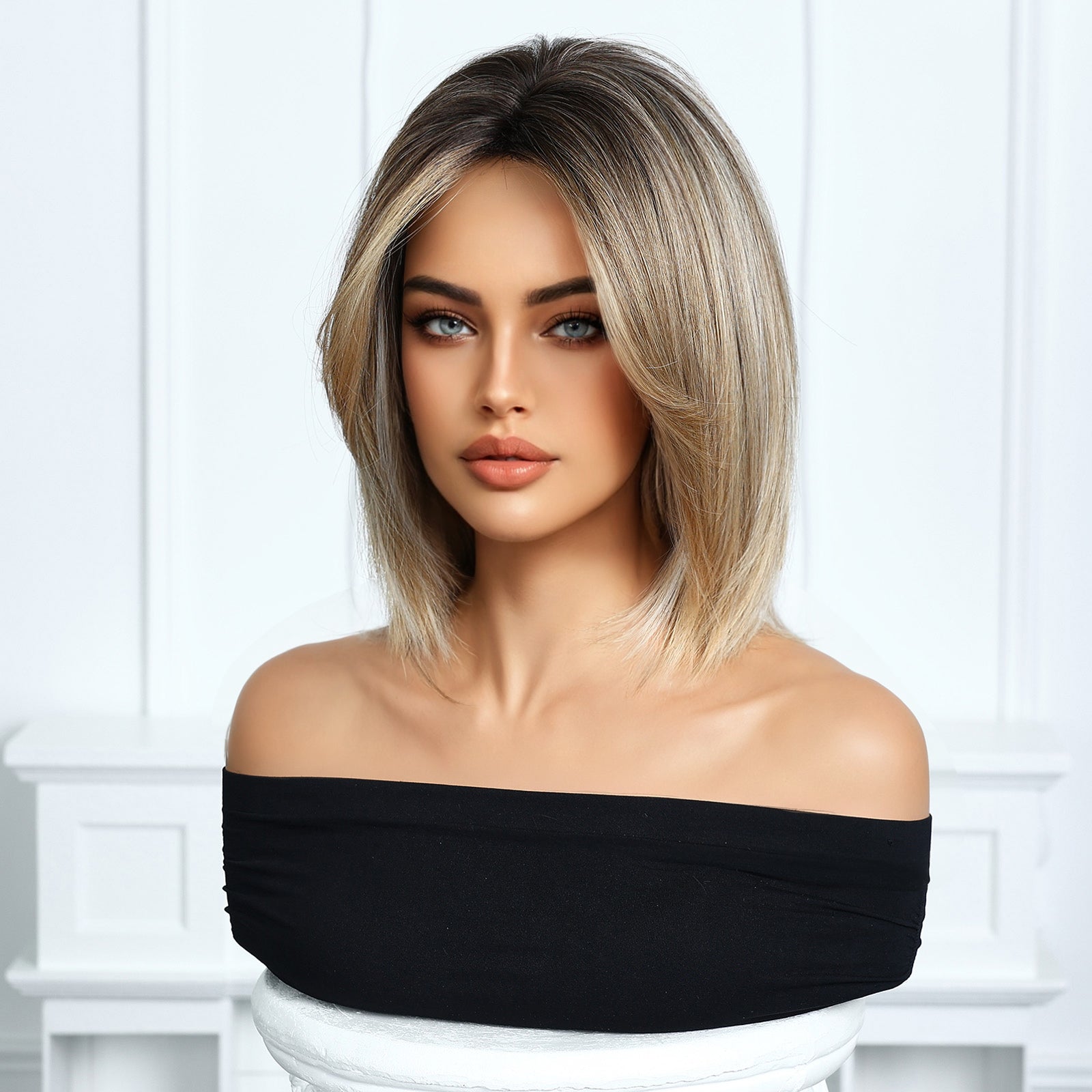 Ash Brown Honey Blonde Balayage Short Bob Wig - Golden Highlighted Synthetic Hair 10 Inch - Synthetic Wig view 5