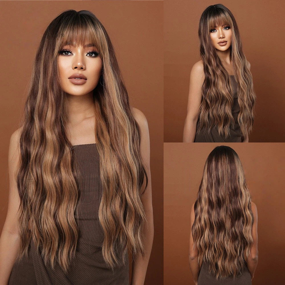 Dark Brown Long Deep Wave Wig with Bangs - Warm Caramel Balayage Synthetic Hair - Synthetic Wig
