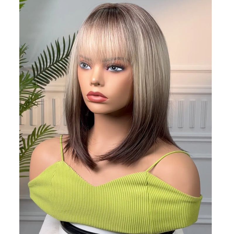 Ash Blonde Rooted Short Bob Wig – Dark Root Silver Tip Synthetic Hair