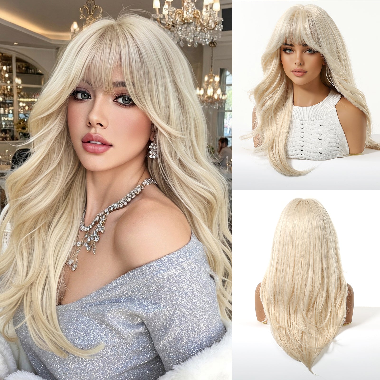 22 Inch Ash Blonde Long Wavy Wig with Bangs - Synthetic Hair