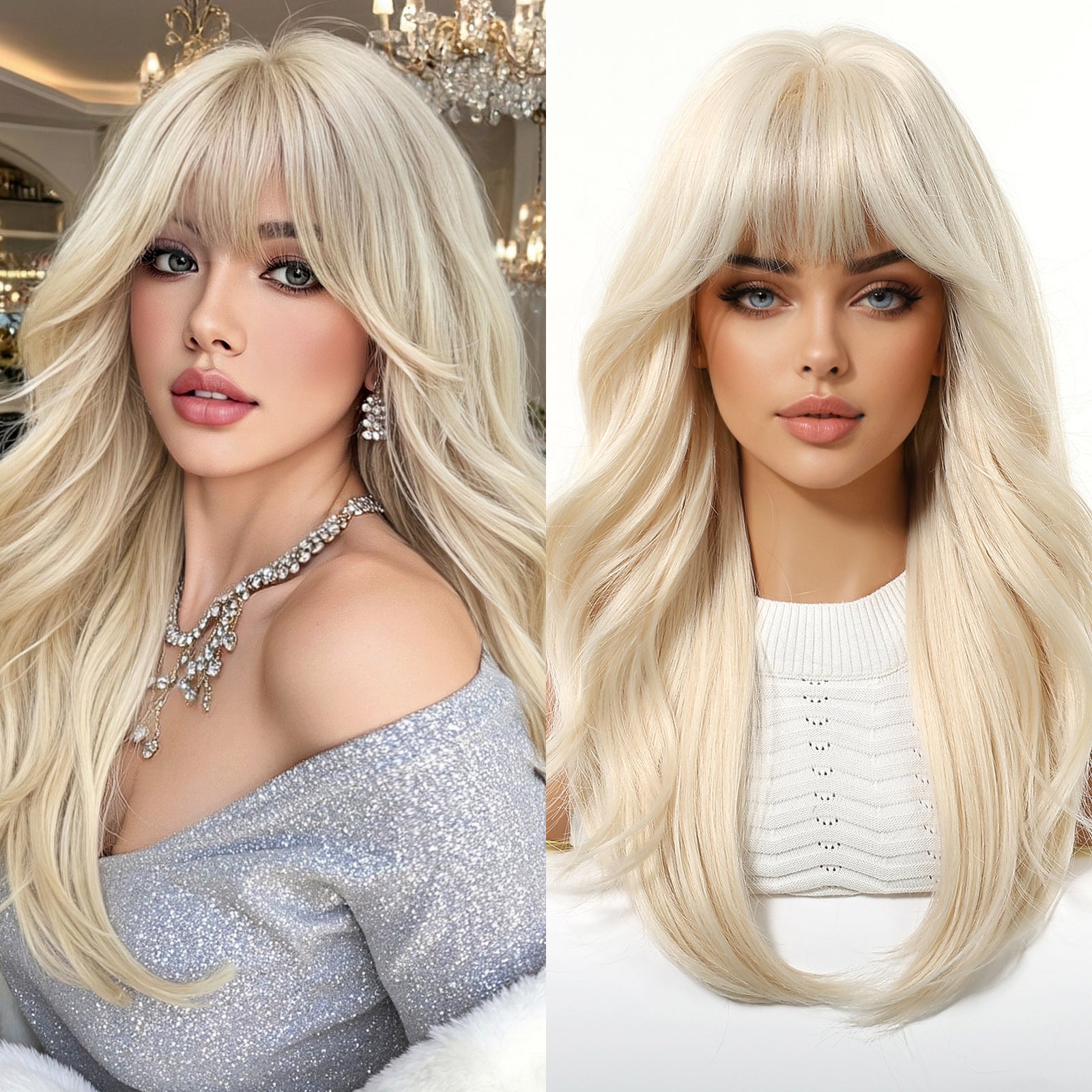 22 Inch Ash Blonde Long Wavy Wig with Bangs - Synthetic Hair