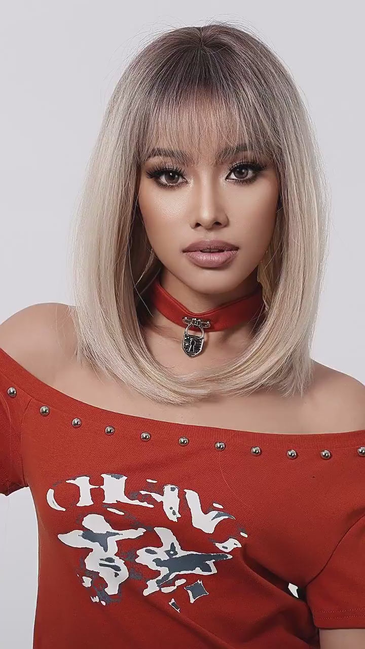 14 inch ash blonde short bob wig with bangs video preview