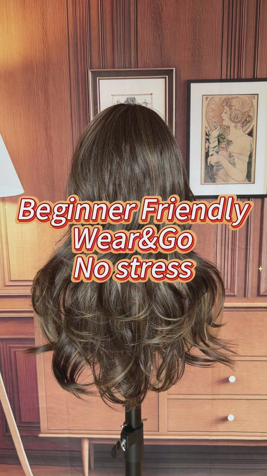 22 Inch Chestnut Brown Balayage Body Wave Wig with Bangs - Synthetic Hair
