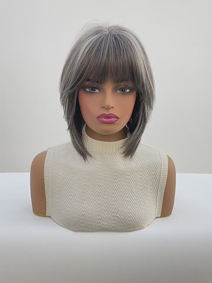 12 inch silver grey bob wig with bangs video preview