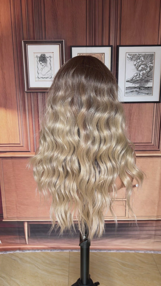 24 Inch Ash Blonde Ombre Long Wavy Wig - Dark Roots to Light Ends Synthetic Hair