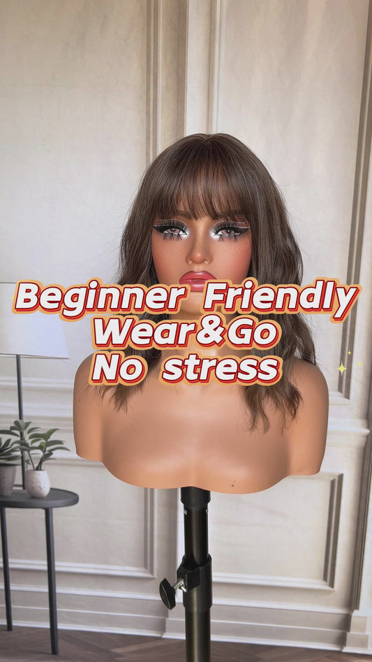 14 Inch Warm Chestnut Brown Balayage Bob Wig with Bangs - Synthetic Hair