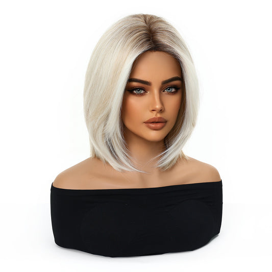 Platinum Ash Blonde Short Bob Wig with Bangs - Layered Synthetic Hair 12 Inch - Synthetic Wig view 2