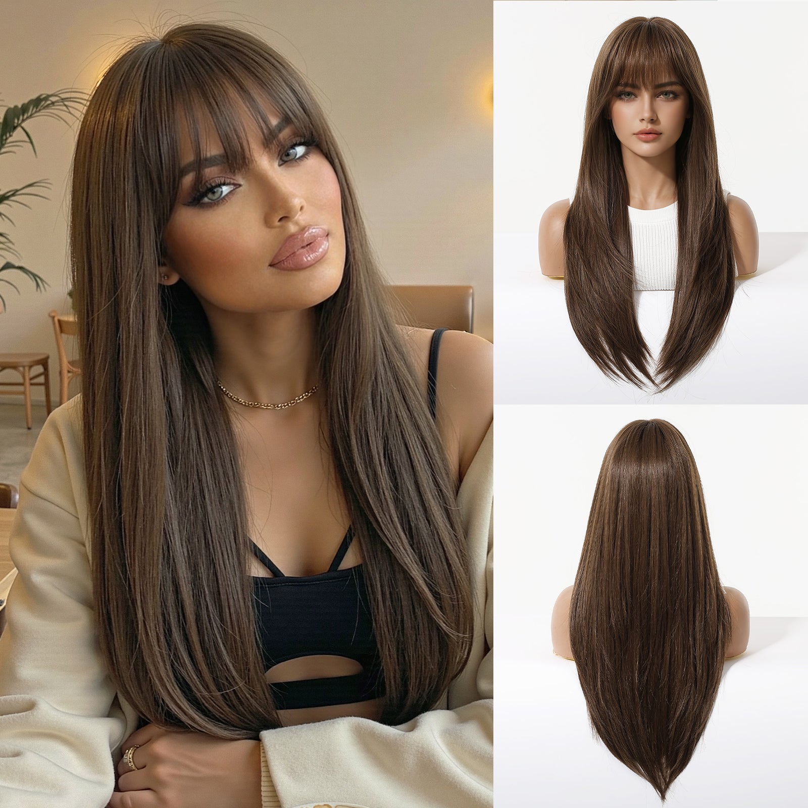 Warm Brown Long Wavy Wig with Bangs – Layered Synthetic Hair 24 Inch